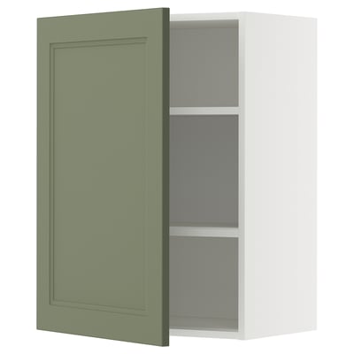 Dulap de perete deschis din sistem METOD, alb cu ușă gri-verde, dreptunghiular, două rafturi, design modern.