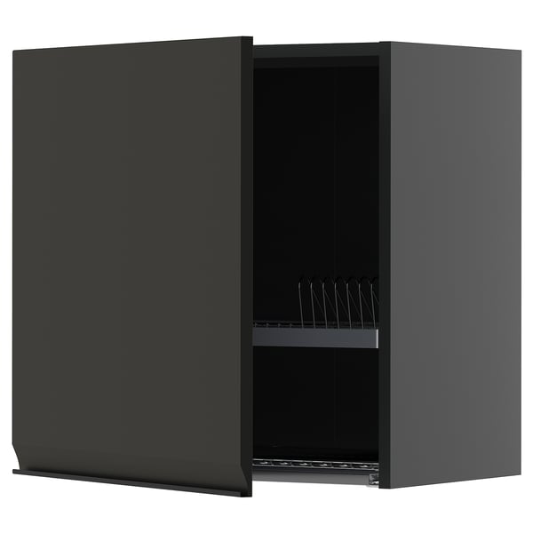 Dulap de bucătărie negru METOD cu scurgător de vase din sârmă și raft reglabil.