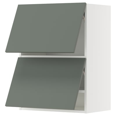 Două dulapuri de bucătărie verde-gri, unul sub celălalt, design modern.