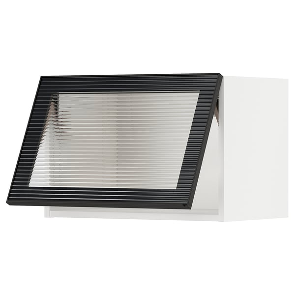 Dulap de bucătărie negru modern, cu ușă elegantă din sticlă, cu textură verticală.