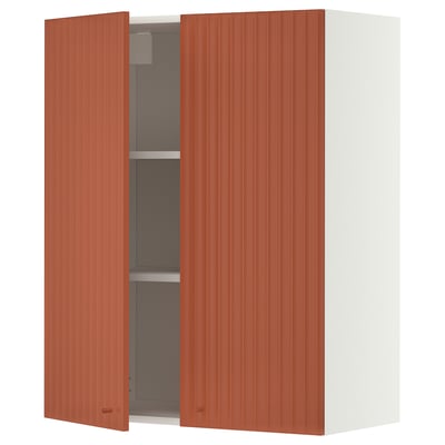 METOD Corp suspendat+poliţe/2uşi, alb/Terrsjö model ondulat roșu-maro, 80x100 cm