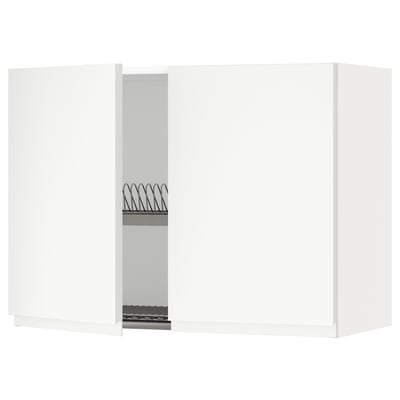Un dulap de bucătărie METOD alb cu un design modern și un aspect minimalist, cu un scurgător de vase încorporat.