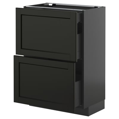 Dulap de bucătărie din lemn închis la culoare, deschis cu sertare și interior. Design modern cu margini teșite.
