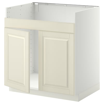 Unitate de bucătărie Ikea METOD, alb murdar, dreptunghiulară cu uși crem, margini teșite.