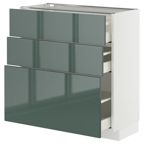 Unitate de bucătărie modernă: METOD cu fronturi kallarp gri-verzi lucioase, 3 sertare, design elegant.