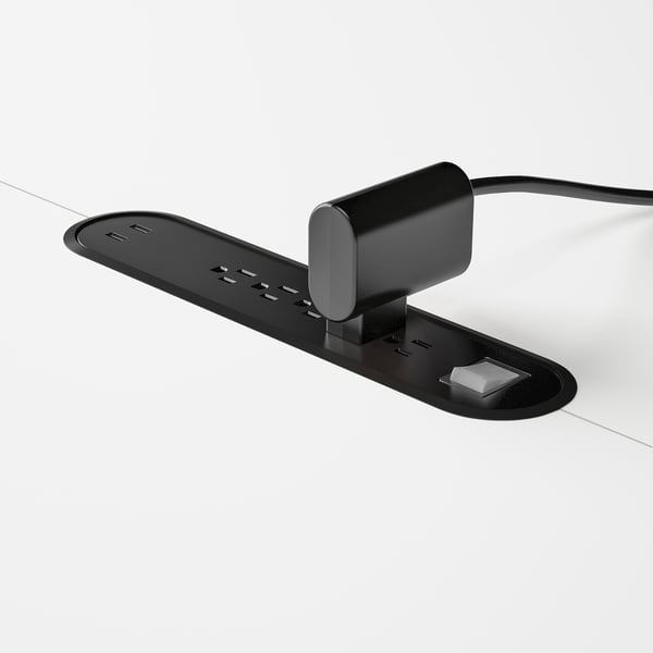 Prezintă masa de conferințe METTZON, cu porturi USB încorporate și tavă de gestionare a cablurilor.