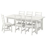 Set de sufragerie NORDVIKEN din lemn alb cu masă extensibilă și șase scaune, design rustic.