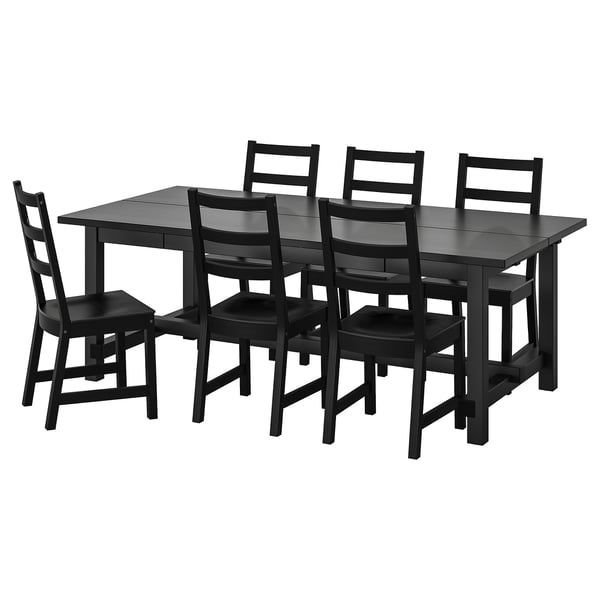 Set de sufragerie din lemn negru cu masă dreptunghiulară extensibilă și 6 scaune asortate. Design clasic cu spătar de scară, robust și elegant.