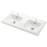 Chiuvetă albă ORRSJÖN cu dopuri cromate, design elegant și modern.