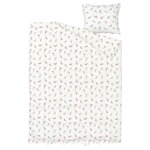 Set de lenjerie de pat PILDVÄRGMAL: alb, floral, bumbac-viscoză, dreptunghiular, textură seersucker.