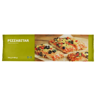 Imaginea arată o cutie de ikeas PIZZABITAR, cu felii de pizza vegetariană. Ambalajul afișează fotografii cu felii de pizza cu diverse toppinguri.