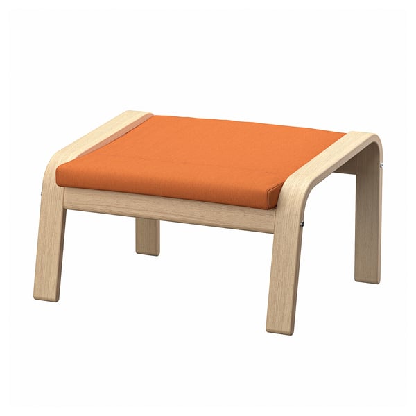 Scaun cu pernă portocalie pe cadru din lemn deschis, formă dreptunghiulară, design modern.