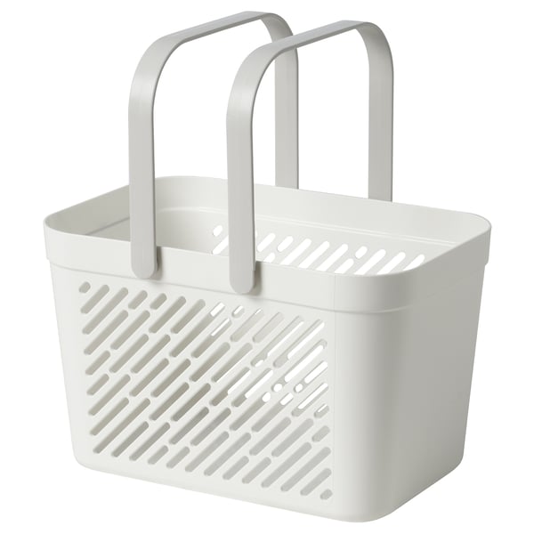 Înfățișează un coș de duș alb RÅNEN cu mânere pliabile din plastic durabil. Orificiile laterale ale coșului pentru ventilație și drenaj.