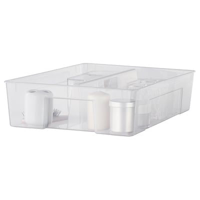 Organizator SAMLA din plastic transparent cu compartimente și mâner.