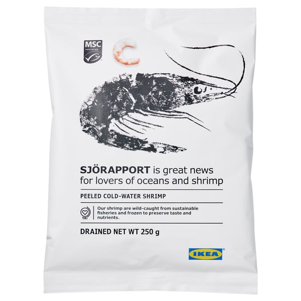 Ambalaj creveți IKEA sjörraport, evidențiază logo-ul marin, imaginea creveților, greutate scursă 250g, certificat msc sustenabil.