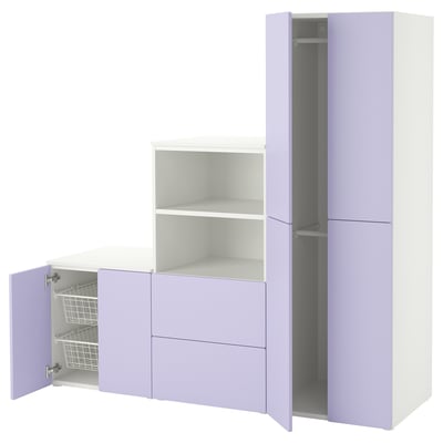 Dulap pentru copii, violet deschis, interior alb, uși cu închidere amortizată.
