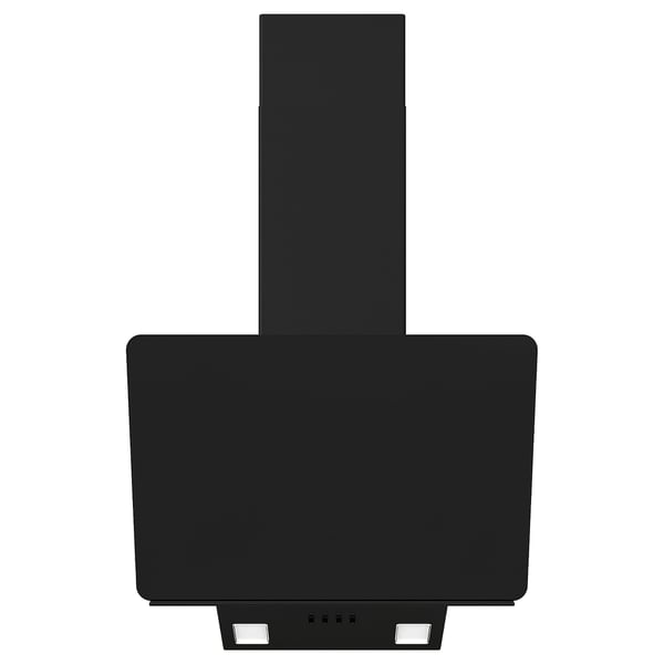 Hota de gătit neagră modernă cu suprafață elegantă din sticlă și lumini LED.