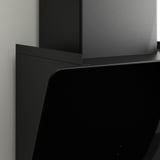 Hota modernă neagră cu linii curate, suprafață de sticlă și design elegant.