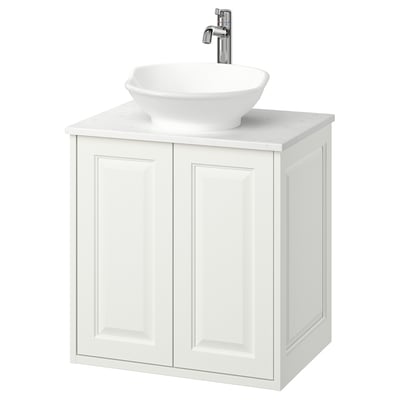 Chiuvetă TÄNNFORSEN albă, chiuvetă rotundă din ceramică, robinet cromat, margini teșite ale dulapului.