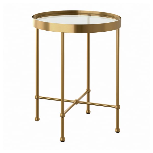 Masă laterală elegantă TORSJÖ aurie cu blat rotund din sticlă, picioare metalice robuste, design clasic.