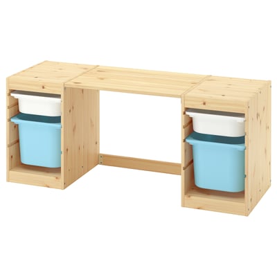 TROFAST Birou cu cutii depozitare, pin lăcuit nuanță naturală/alb bleu, 124x44x52 cm