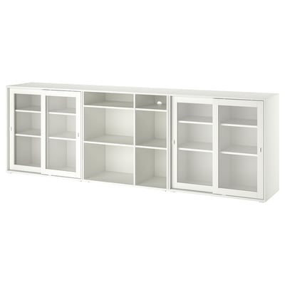Set de depozitare cu uși de sticlă albă VIHALS cu dulapuri și rafturi pentru depozitare versatilă și elegantă.
