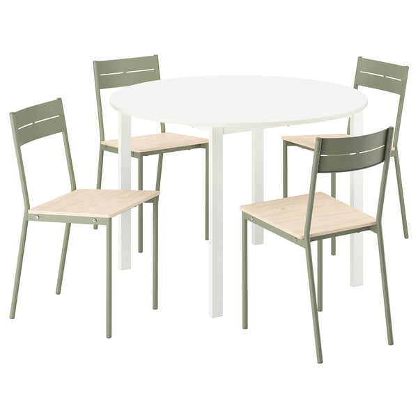 Set de masă rotundă IKEA VIHALS în alb și verde cu 4 scaune, scaune din lemn deschis, cadre metalice. Design minimalist potrivit pentru spații mici.