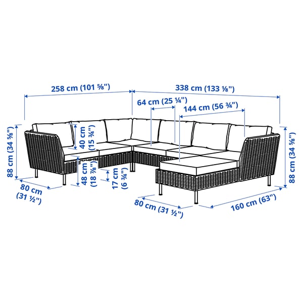 VITTSKÄR Colțar modular 5 locuri, exterior rattan din plastic gri închis/Frösön/Duvholmen bej