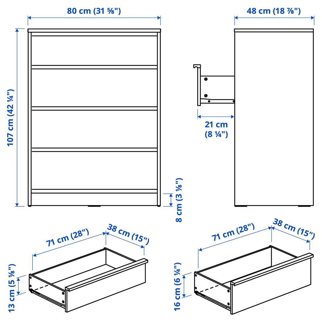 Fioke ANKARUDDEN komoda s 4 fioke, im. hrastovine, 80x48x107 cm - IKEA