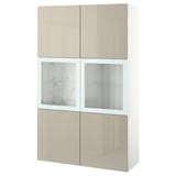 BESTÅ Komb.odlaganje,staklena vrata, bela/Selsviken v. sjaj bež b. staklo, 120x42x193 cm