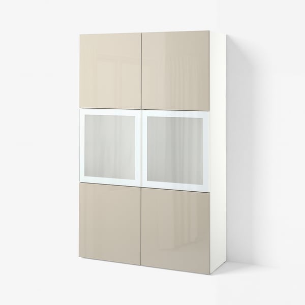 BESTÅ Komb.odlaganje,staklena vrata, bela/Selsviken v. sjaj bež m. staklo, 120x42x193 cm