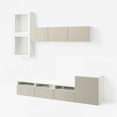 BESTÅ TV komb.odlaganje/staklena vrata, bela/Selsviken v. sjaj bež m. staklo, 300x42x211 cm