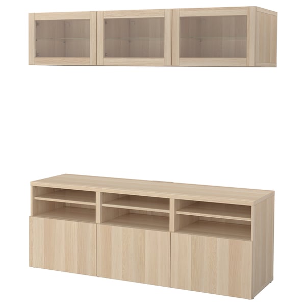 BESTÅ TV komb.odlaganje/staklena vrata, belo b. im. hrastovine/Lappviken im. b. b. hrast staklo, 180x42x192 cm