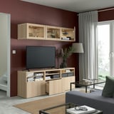 BESTÅ TV komb.odlaganje/staklena vrata, belo b. im. hrastovine/Lappviken im. b. b. hrast staklo, 180x42x192 cm