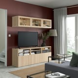 BESTÅ TV komb.odlaganje/staklena vrata, belo b. im. hrastovine/Lappviken im. b. b. hrast staklo, 180x42x192 cm