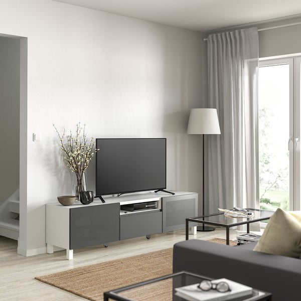 BESTÅ TV stalaža, bela Mörtviken/Västerviken/Stubbarp tamnosiva, 180x42x48 cm