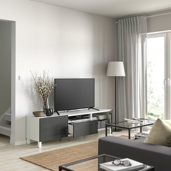 BESTÅ TV stalaža, bela Mörtviken/Västerviken/Stubbarp tamnosiva, 180x42x48 cm