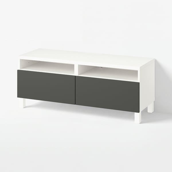 BESTÅ TV stalaža s fiokama, bela/Lappviken/Stubbarp tamnosiva, 120x42x48 cm