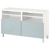 BESTÅ TV stalaža s vratima, bela/Selsviken/Stubbarp svetlosiva-plava, 120x42x74 cm
