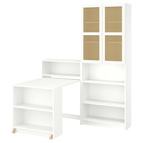BILLY / HÖGADAL Biblioteka sa sklopivim stolom, bela/pleteni bambus, 160x202 cm