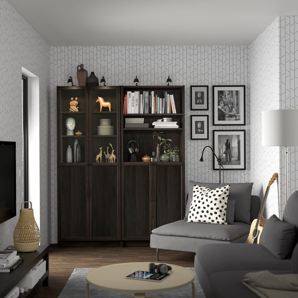 BILLY / OXBERG Biblioteka s pločom/stakl.vratima, tamnosmeđa im. hrastovine/bistro staklo, 160x30x202 cm