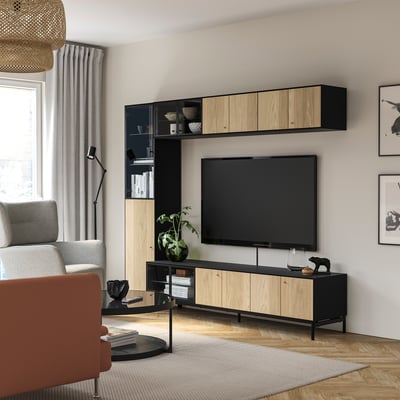 BOASTAD TV komb. za odlaganje, crna/hrastov furnir, 223x42x185 cm