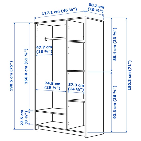 BRIMNES Garderober s 3 vrata, crna, 117x190 cm