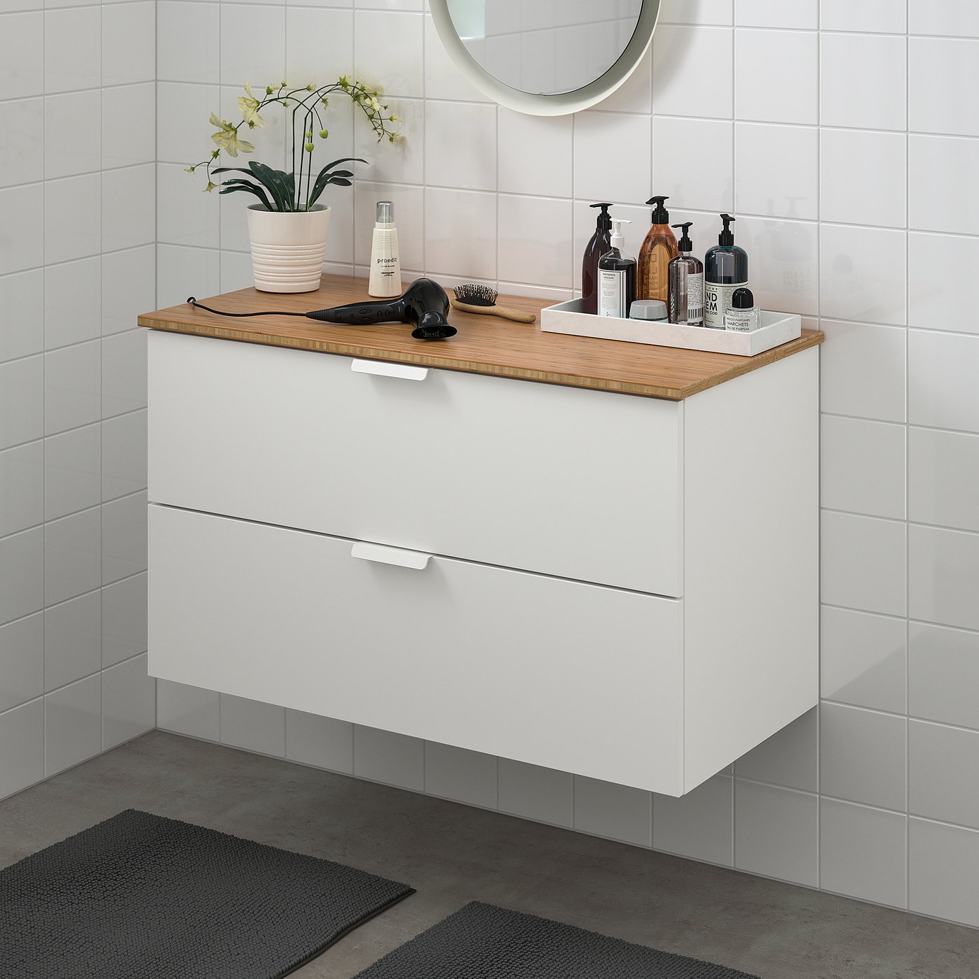 GODMORGON / TOLKEN Postolje umivaonika,2 fioke, bela/bambus, 102x49x60 cm