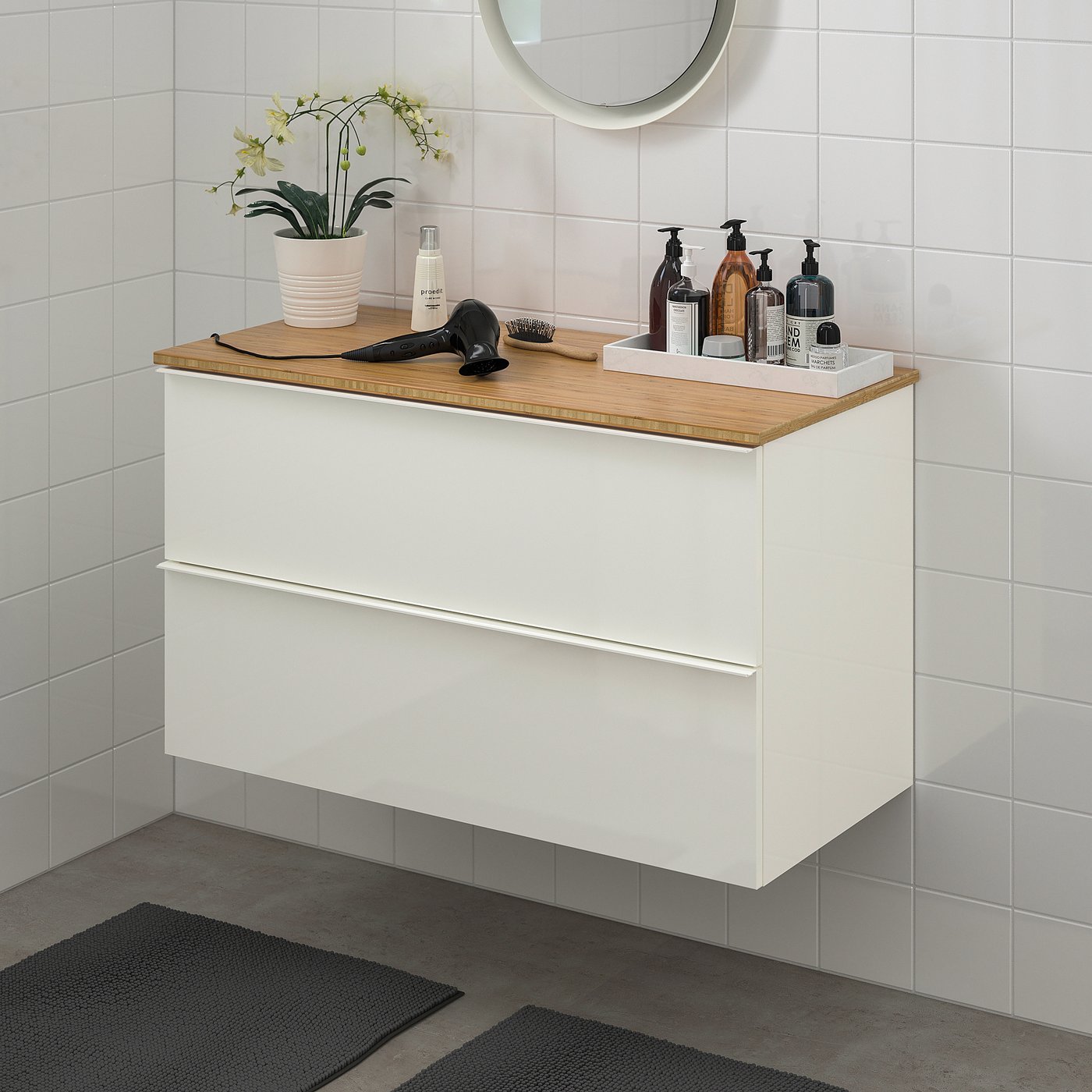 GODMORGON / TOLKEN Postolje umivaonika,2 fioke, v. sjaj bela/bambus, 102x49x60 cm