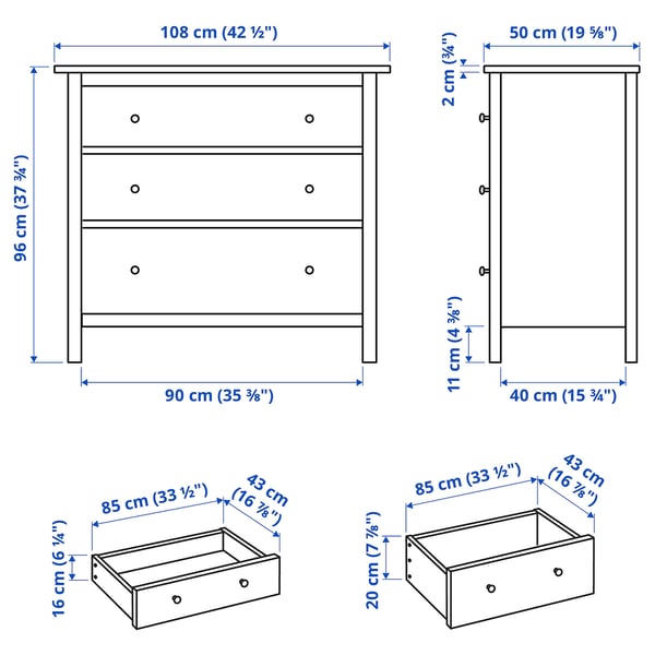 HEMNES Komoda s 3 fioke, sivozelena/svetlosmeđe bajcovano, 108x96 cm