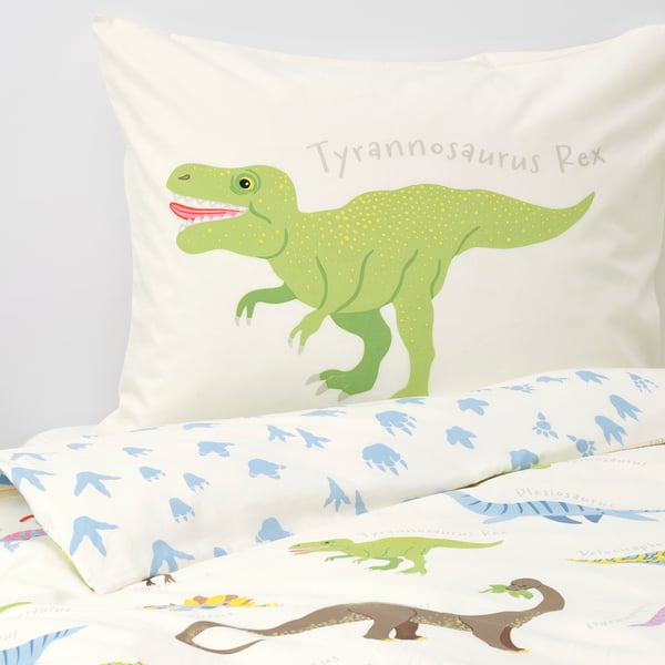 JÄTTELIK Jorganska navlaka i jastučnica, dinosaurusi/bela, 150x200/50x60 cm