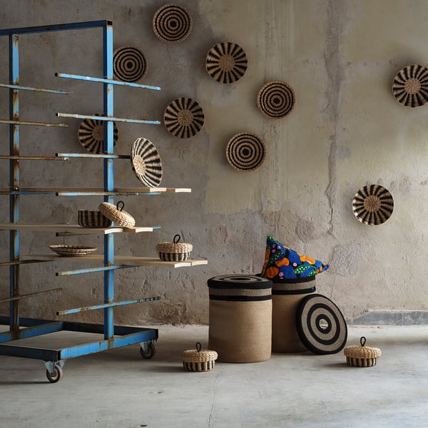 MÄVINN Kutija s poklopcem, vlakna banane/crna dezen na pruge