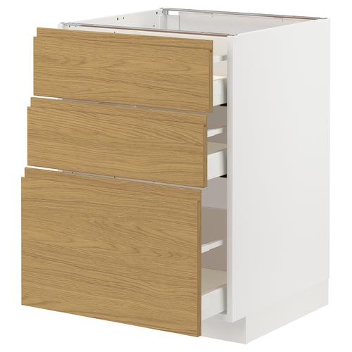 METOD / MAXIMERA Podni element s 3 fioke, bela/Voxtorp im. hrastovine, 60x60 cm