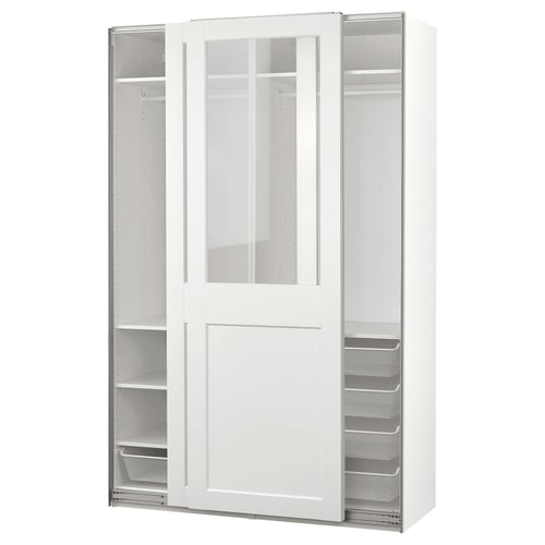 PAX / GRIMO Garderober i klizna vrata, bela/bistro staklo bela, 150x66x236 cm